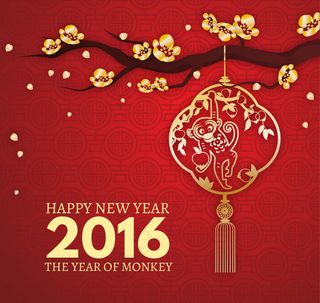 2016金色梅花卡通猴灯笼红色背景