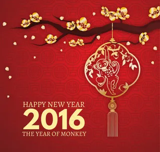 2016金色梅花卡通猴灯笼红色背景