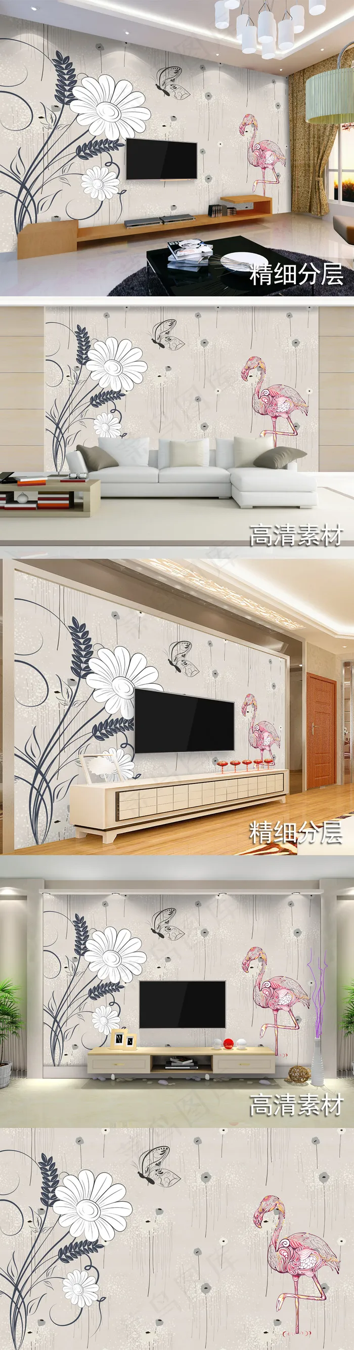 欧式花纹手绘简约花卉电视背景墙壁画...(9071X5669(DPI:72))psd模版下载