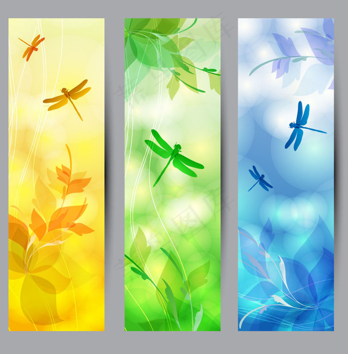 3款彩色蜻蜓banner矢量素材eps,ai矢量模版下载