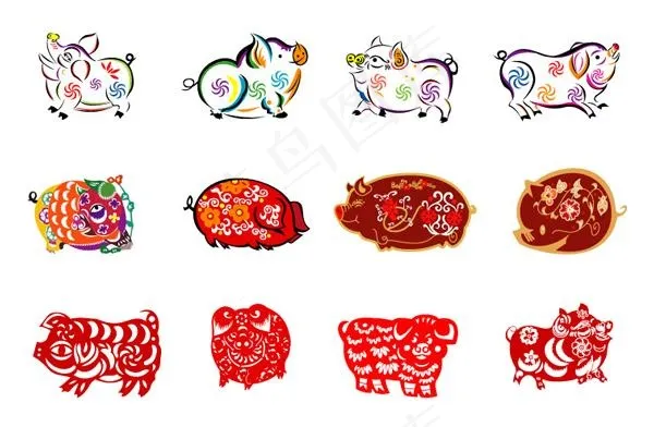 色彩斑斓剪纸猪矢量图ai矢量模版下载