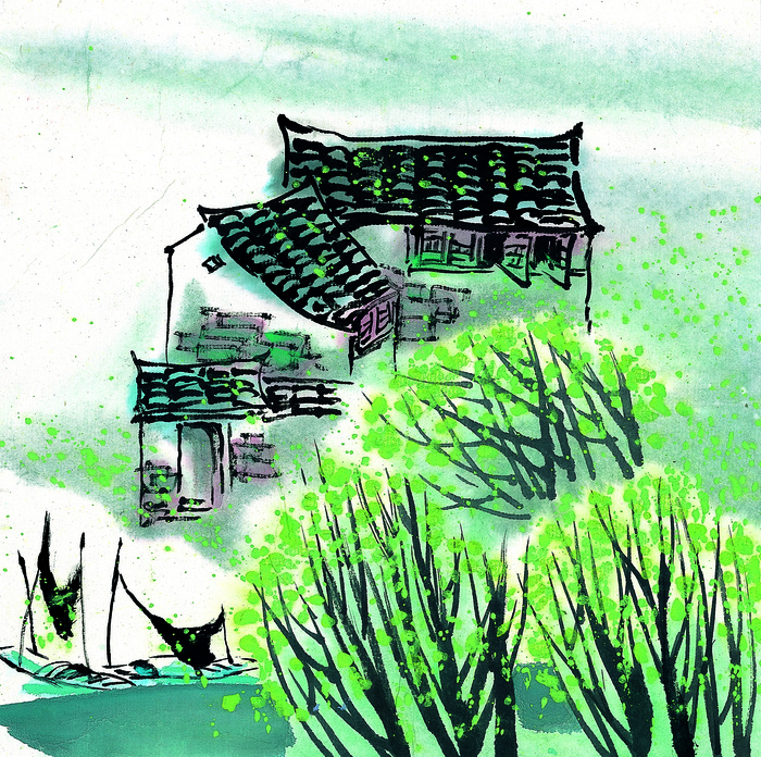 山水树木小船风景画