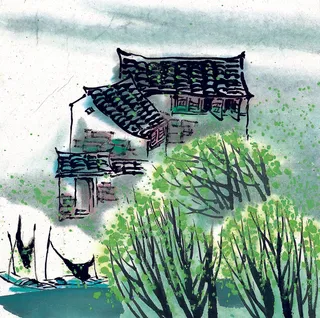 山水树木小船风景画
