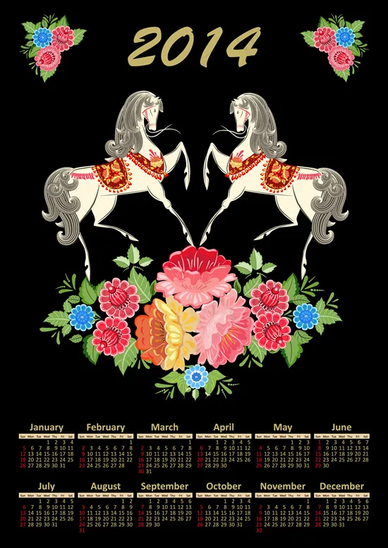 2014白马鲜花年历设计矢量素材eps,ai矢量模版下载