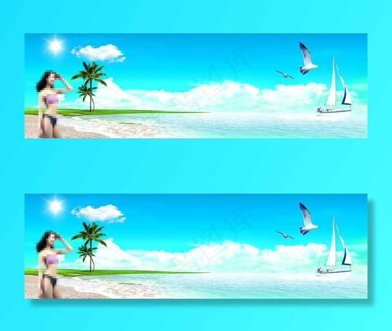 海滩 椰子树 美女图片(5500X2000(DPI:72))psd模版下载