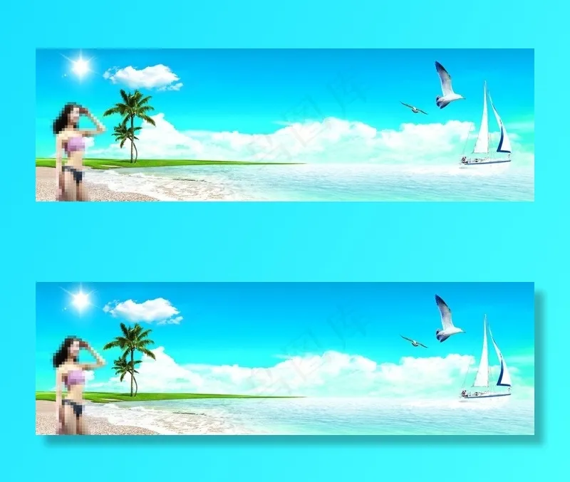 海滩 椰子树 美女图片(5500X2000(DPI:72))psd模版下载
