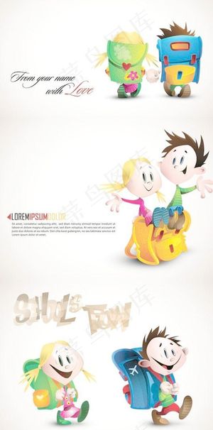 可爱的孩子，孩子学校的背书包矢量