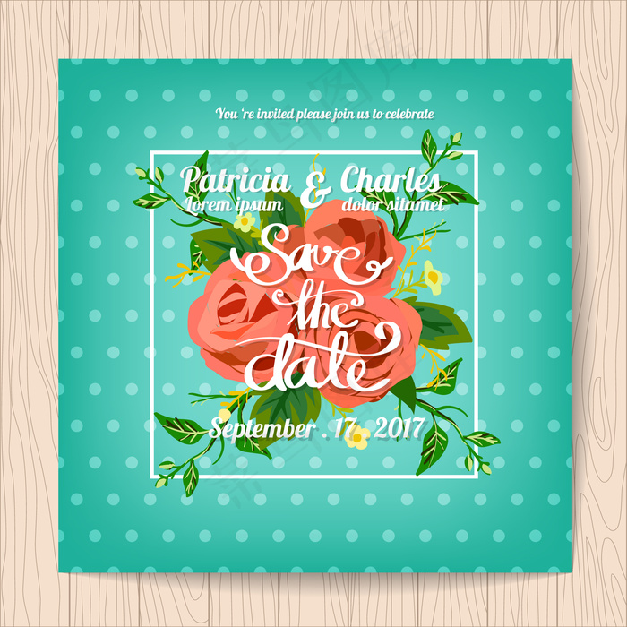 玫瑰花装饰蓝色背景婚礼邀请卡设计