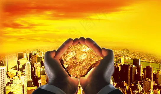 城市掘金者手捧金矿创意psd素材 城市掘金者手捧金矿创意psd素材