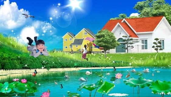 荷花池边的别墅 小孩子 荷池塘 别墅 春天图片