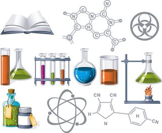 化学实验器皿以及书籍分子式素材