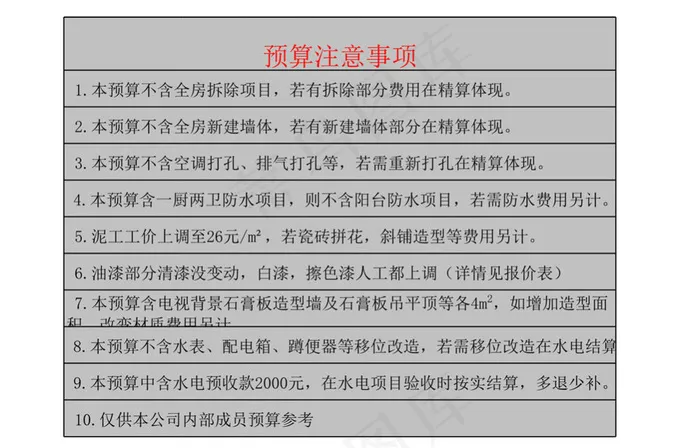 家装预算之装修表格