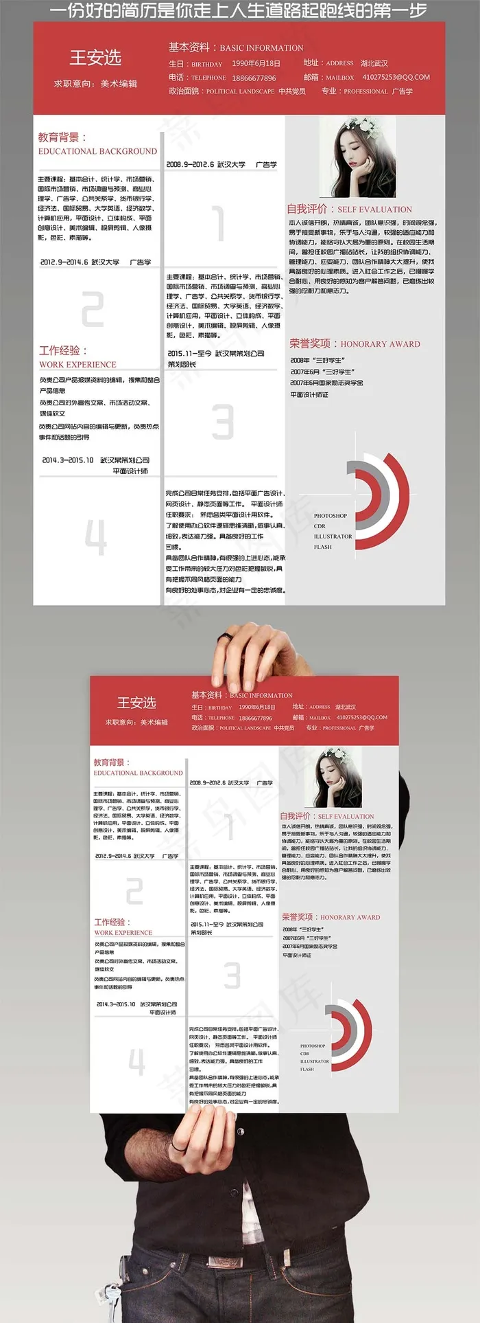 红色时尚简约求职简历psd模版下载