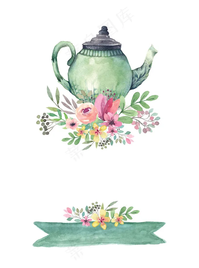 手绘水彩森系茶壶花朵免抠背景印刷画册装饰psd模版下载