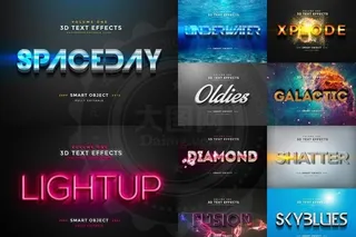 3D立体字和霓虹字PSD字体模板