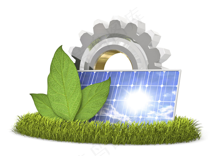 草坪上的太阳板与齿轮图片