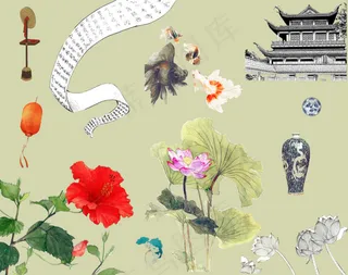 中式花草建筑素材集合