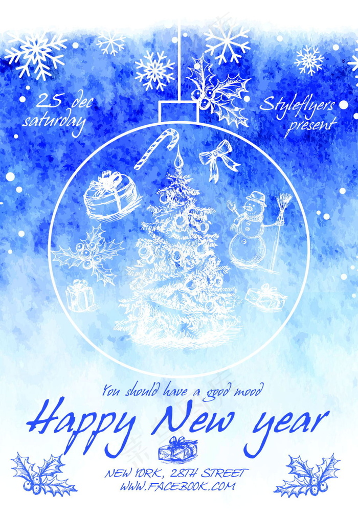 新年下雪海报psd模版下载