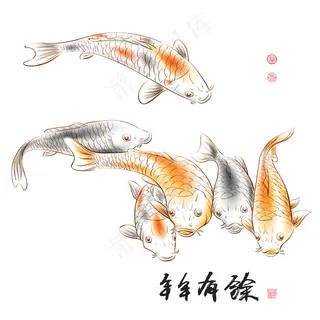 中国水墨画矢量鲤鱼