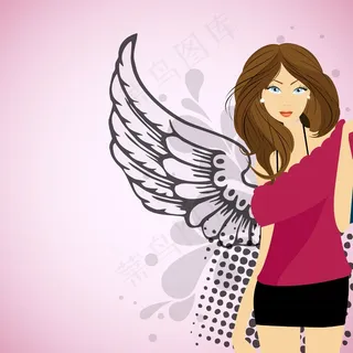 时尚的年轻漂亮的女孩的翅膀在现代背...