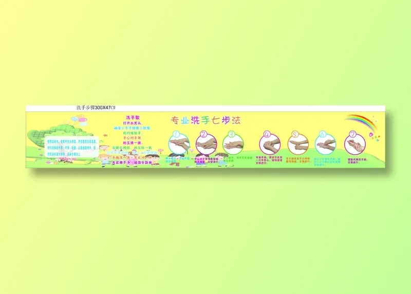 亮黄色卡通风幼儿园洗手池展板cdr矢量模版下载