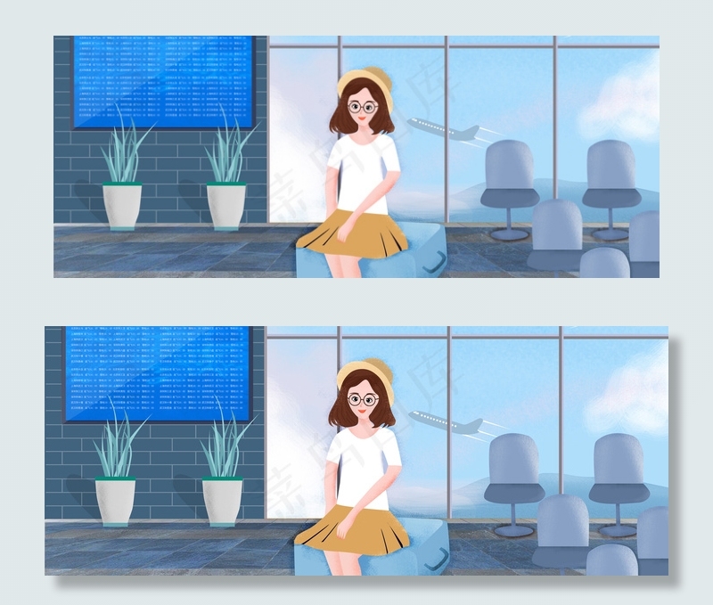 原创夏天去旅行等飞机插画女孩手机配图