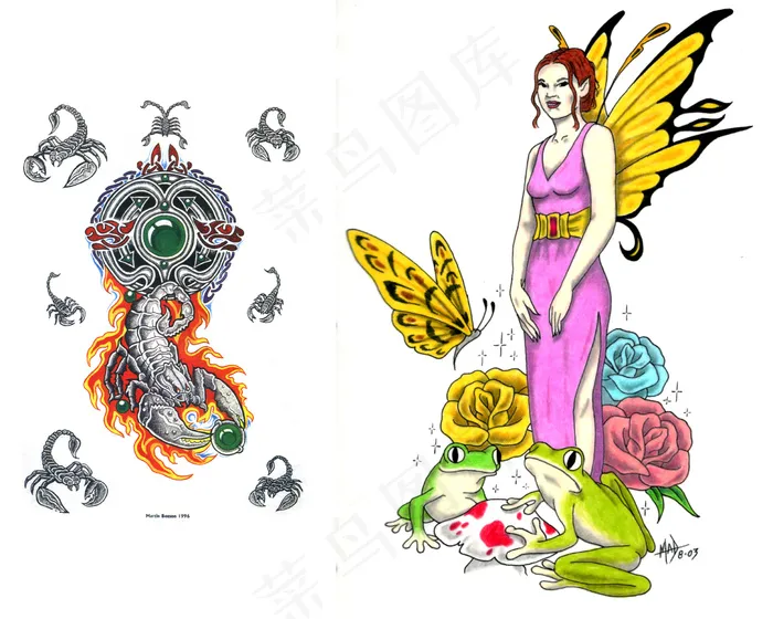 蝎子与美女手绘纹身图案psd模版下载