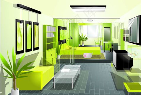 绿色清新的客厅效果图矢量素材图片