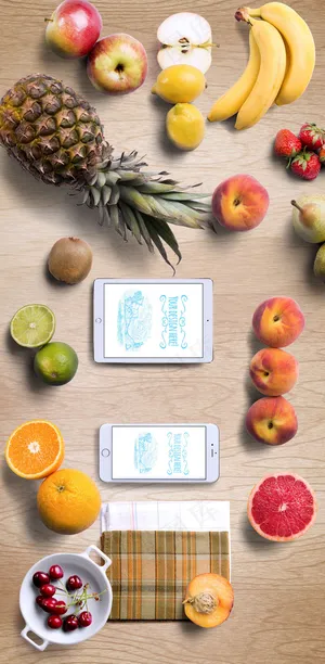 木纹背景平板手机水果菠萝香蕉柚子素...
