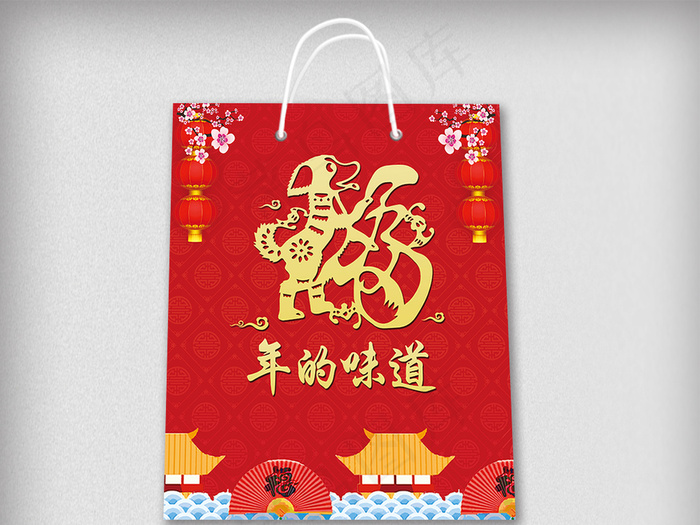 中国风背景年的味道礼袋包装设计(4016X3661(DPI:300))psd模版下载