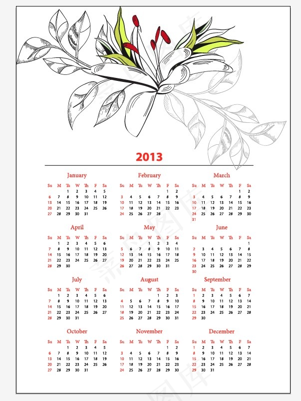 2013年花卉线稿日历矢量素材eps,ai矢量模版下载