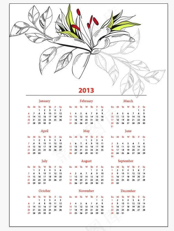 2013年花卉线稿日历矢量素材eps,ai矢量模版下载