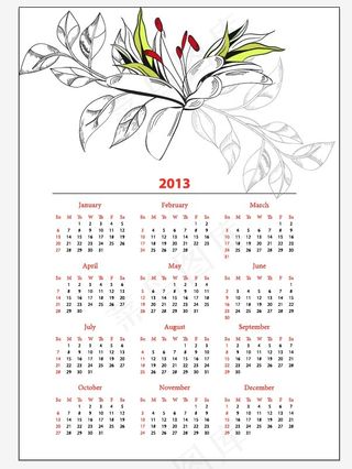 2013年花卉线稿日历矢量素材