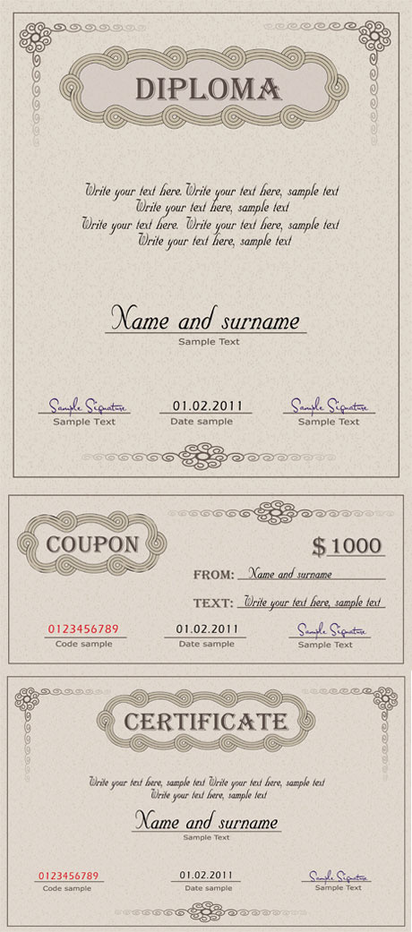 3款欧式证书优惠券矢量素材