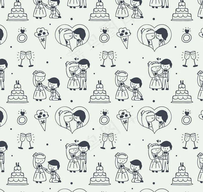 手绘婚礼新人无缝背景矢量素材ai矢量模版下载