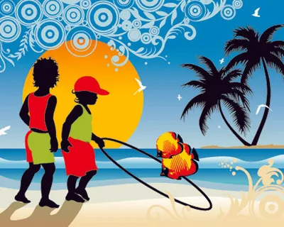 棕榈树和男孩旅游背景矢量