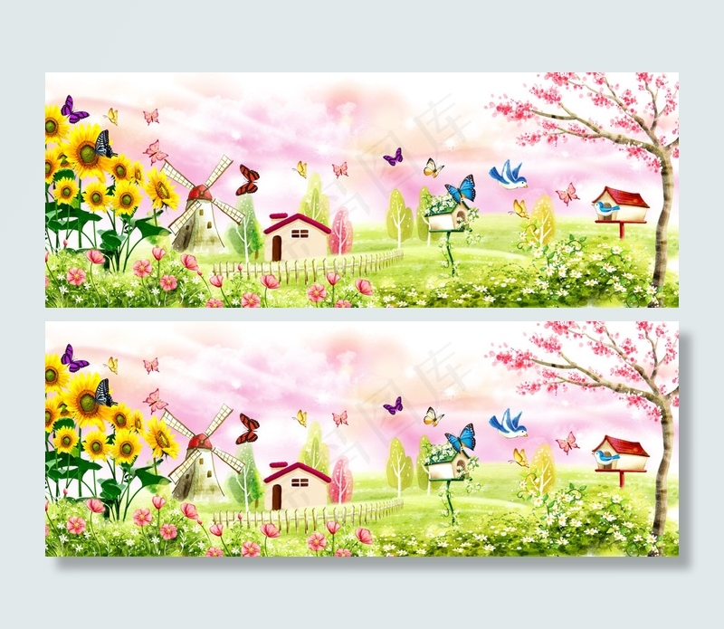 蝶舞纷飞唯美春天宽屏风景PS(6299X2339(DPI:200))psd模版下载