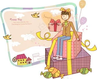 坐在盒子上和小鸟一起飞