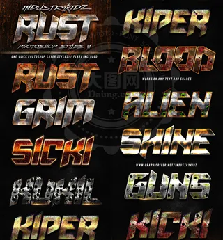 10款锈迹斑斑的金属艺术字PS样式