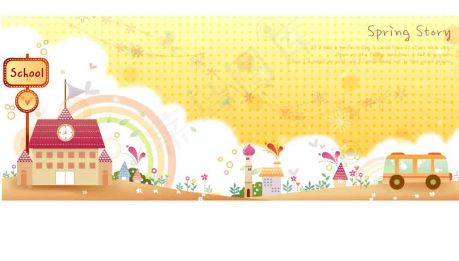 卡通春天梦幻背景房子