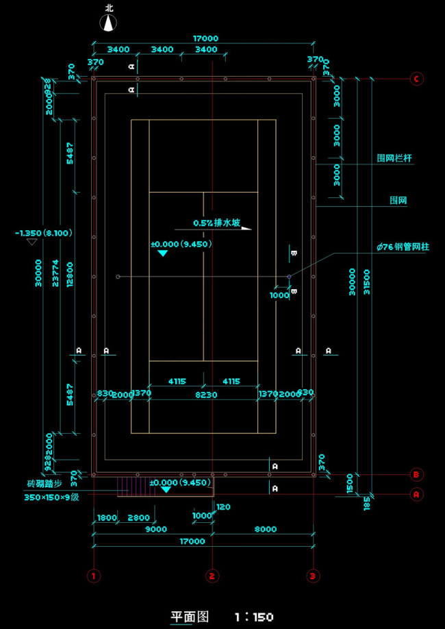 网球场平面图cad图纸