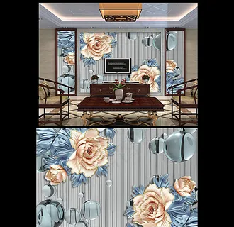 牡丹浮雕电视背景墙图片psd