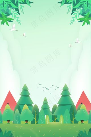 绿色卡通树林城堡小暑节气背景素材