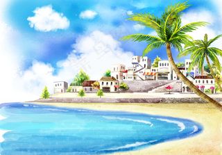 清凉夏日沙滩风景插画图片