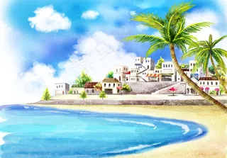 清凉夏日沙滩风景插画图片