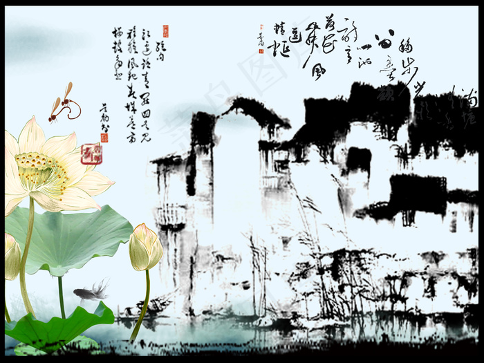 水墨荷花风景装饰图