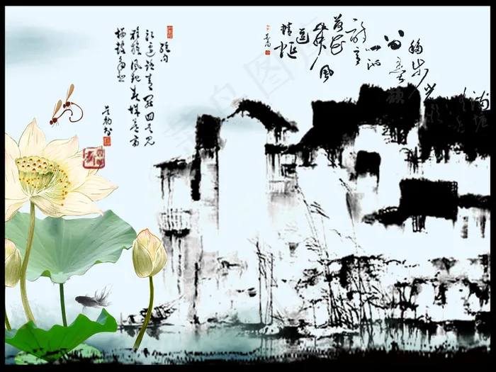 水墨荷花风景装饰图