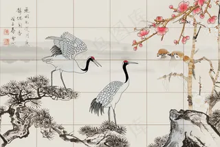 中式仙鹤手绘花鸟电视背景图