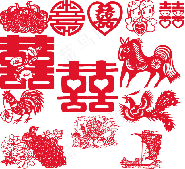 春节元宵双喜结婚剪纸矢量图ai矢量模版下载