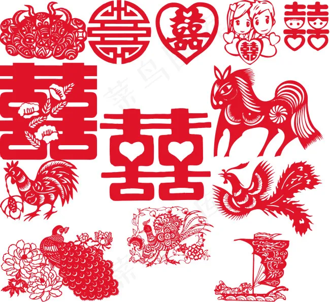 春节元宵双喜结婚剪纸矢量图ai矢量模版下载